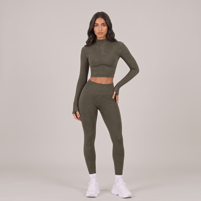 Conjunto Ribbed Manga Longa ALYS - Verde Militar (frente)