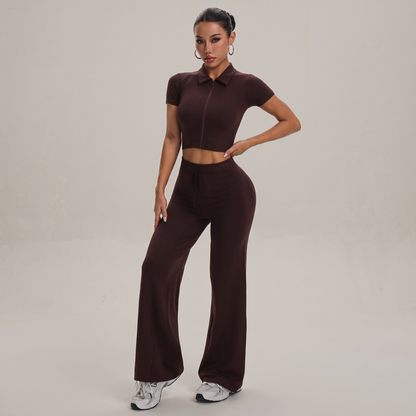 Conjunto Ribbed Pantalona com Zíper ALYS - Marrom