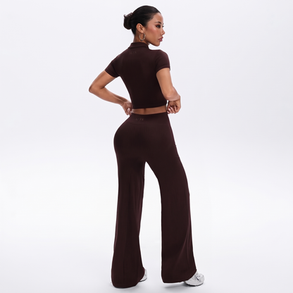 Conjunto Ribbed Pantalona com Zíper ALYS - Marrom costas